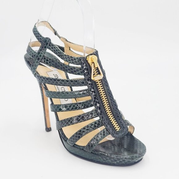 JIMMY CHOO Heels Green ELAPHE Gladiator Snakeskin Caged Sandals Size 36.5 - Picture 2 of 7